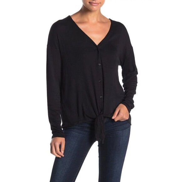 Nordstrom 14th & Union Sz Small tie front ribbed long sleeve tee black. size MP - Picture 1 of 10